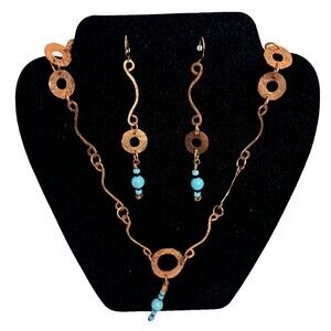 Copper Wire Necklace Earrings Set With Turquoise Gemstones Hand Crafted Boho